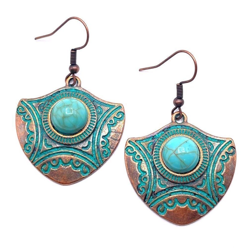 Copper with Blue Patina and Turquoise Boho Arrow Dangling Hook Earrings